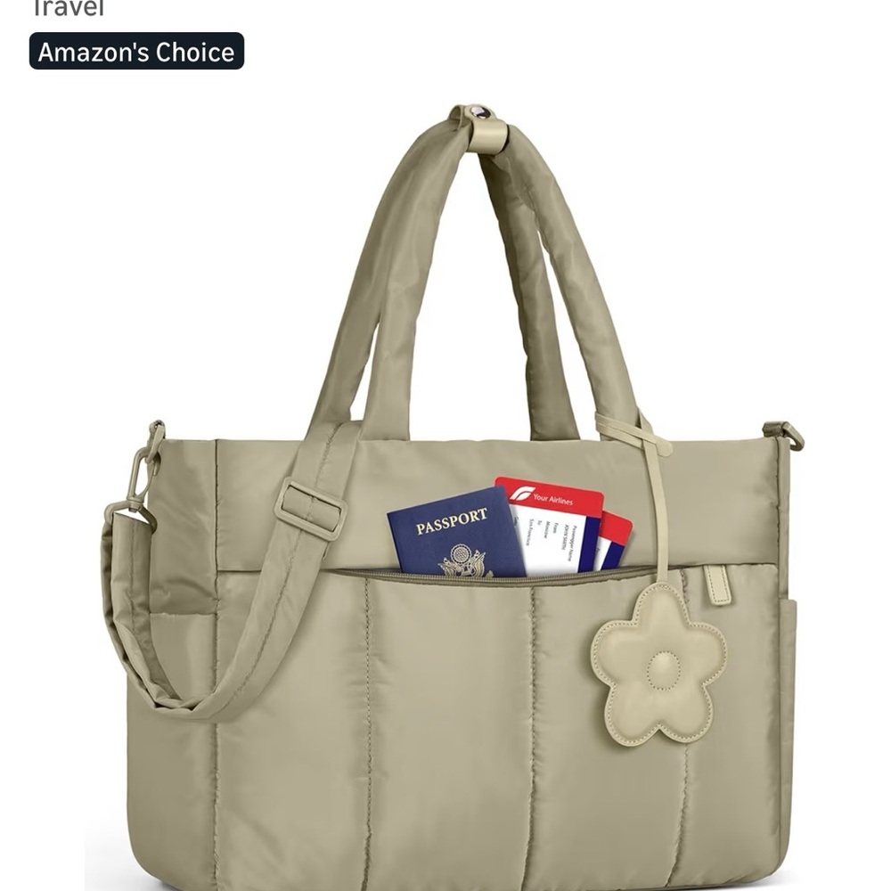 Amazon Quilted Tote Bag in Beige with Flower Charm